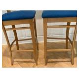 Pair of 2 wood bar stools blue padded