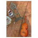 Group of misc decor, mini wood violin