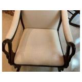 Vintage high back Cherry Wood swan-neck rocking chair, cream colored upholstered