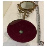 Vintage Brass tabletop mirror, ornate scrollwork and decorative crystal dangles