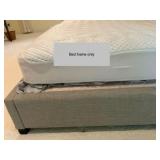 King sized light grey, button tufted wingback bed, upholstered headboard, low profile frame