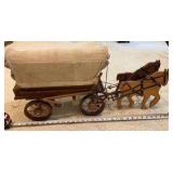 Vintage wooden covered wagon with canvas top, harness and 2 horses toy