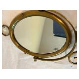 Vintage Brass tabletop mirror, ornate scrollwork and decorative crystal dangles