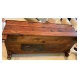 Cedar wood chest with brass corner hardware and ornate details