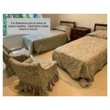 Vintage French Provincial style twin bed, dark wood frame with a cushioned, light green floral upholstered headboard