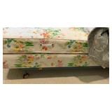 Vintage French Provincial style twin bed, dark wood frame with a cushioned, light green floral upholstered headboard