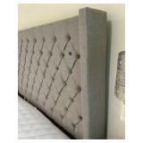 King sized light grey, button tufted wingback bed, upholstered headboard, low profile frame