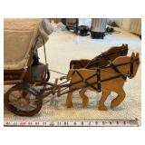 Vintage wooden covered wagon with canvas top, harness and 2 horses toy