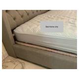 King sized light grey, button tufted wingback bed, upholstered headboard, low profile frame