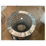 Armen living Calypso glass dining table, woven brushed stainless steel wire base