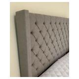 King sized light grey, button tufted wingback bed, upholstered headboard, low profile frame