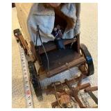 Vintage wooden covered wagon with canvas top, harness and 2 horses toy