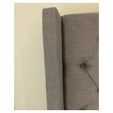 King sized light grey, button tufted wingback bed, upholstered headboard, low profile frame