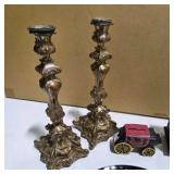Mixed Home Décor Lot – Ornate Candle Holders, Lantern, Black Glass Bowl, Book & Decorative Pieces