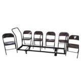 6 Brown Metal Folding Chairs With Rolling Storage Cart