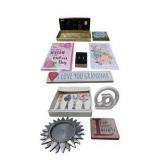 Gifts & Home Decor Lot – Cards, Signs, Earrings, Perfume Set, Artistic Accents Serving Utensils