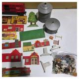 Assorted Model Railroad Scenery Lot – Buildings, Silos, M-K-T Train Car, Signs & Farm Accessories