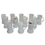 Lot of 12 Iridescent Milk Glass Beer Steins / Tavern Scene Mugs