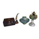Decorative Lot: Queen Oil Lamp, Iridescent Glass Vase, Hand Carved Buffalo Horn Bird & Fuente Cigar Box