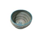 Lidded Wicker Basket - Woven Storage Basket with Blue Accents