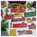 Assorted Model Railroad Scenery Lot – Buildings, Silos, M-K-T Train Car, Signs & Farm Accessories