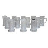 Lot of 12 Iridescent Milk Glass Beer Steins / Tavern Scene Mugs