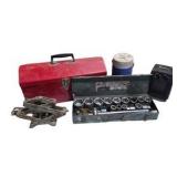 Mixed Tool Lot – Red Metal Toolbox, Socket Set, Scissor Jack, Utility Heater & Cooler