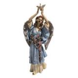 Angel Figurine With Dove & Floral Garland - Blue Dress, Winged Religious Decor