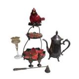 Mixed Decor Lot - Cardinal Poinsettia Stand, Silverplate Coffee Pot, Shakers & Candle Items