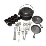 Cast Iron Cookware Lot With Silver Plated Flatware - Dutch Oven No. 6, Skillets & Muffin Pan