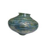 Decorative Lot: Queen Oil Lamp, Iridescent Glass Vase, Hand Carved Buffalo Horn Bird & Fuente Cigar Box
