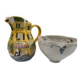 Hand-Painted Ceramic Bistro Pitcher & Grape Vine Bowl Lot