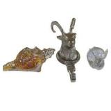 Decorative Glass Shell, Metal Ram/Goat Head Hook & Clear Glass Bunny Figurine Lot