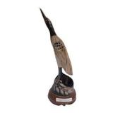 Decorative Lot: Queen Oil Lamp, Iridescent Glass Vase, Hand Carved Buffalo Horn Bird & Fuente Cigar Box