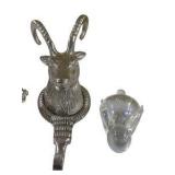 Decorative Glass Shell, Metal Ram/Goat Head Hook & Clear Glass Bunny Figurine Lot