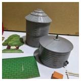 Assorted Model Railroad Scenery Lot – Buildings, Silos, M-K-T Train Car, Signs & Farm Accessories