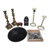Mixed Home Décor Lot – Ornate Candle Holders, Lantern, Black Glass Bowl, Book & Decorative Pieces