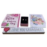 Gifts & Home Decor Lot – Cards, Signs, Earrings, Perfume Set, Artistic Accents Serving Utensils