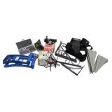 Mixed Hardware & Tool Lot – Wall Brackets, Stakes, Battery Charger, Router Bit Sharpener, Straps