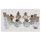 Vintage Glass Oil Lamp Lot With Chimneys Burners & Bases