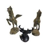 Brass Unicorn/Pegasus Figures & Black Moose Head Wall Hook Lot