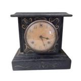 Vintage Black Mantel Clock With Decorative Gold Scroll Accents