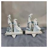 Pair of White Santa With Reindeer Winter stocking hanger Figurines – Blue/White Christmas Décor
