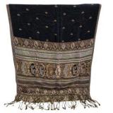 Decorative Woven Oversided Fringed Shawl – Black Gold Brown Pattern, Approx. 60" x 26"