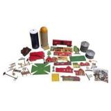Assorted Model Railroad Scenery Lot – Buildings, Silos, M-K-T Train Car, Signs & Farm Accessories