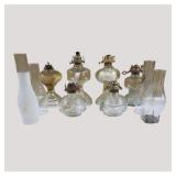 Vintage Glass Oil Lamp Lot With Chimneys Burners & Bases