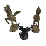 Brass Unicorn/Pegasus Figures & Black Moose Head Wall Hook Lot