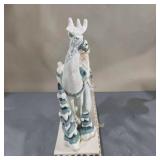 Pair of White Santa With Reindeer Winter stocking hanger Figurines – Blue/White Christmas Décor