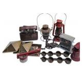 Vintage Household & Camping Decor Lot – Lanterns, Flask Set, Bells, Toaster, Brass Pieces