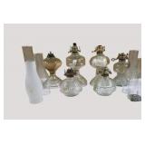 Vintage Glass Oil Lamp Lot With Chimneys Burners & Bases